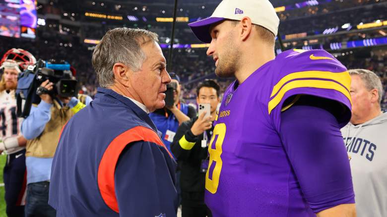 Patriots coach Bill Belichick (left) and Kirk Cousins of the Vikings
