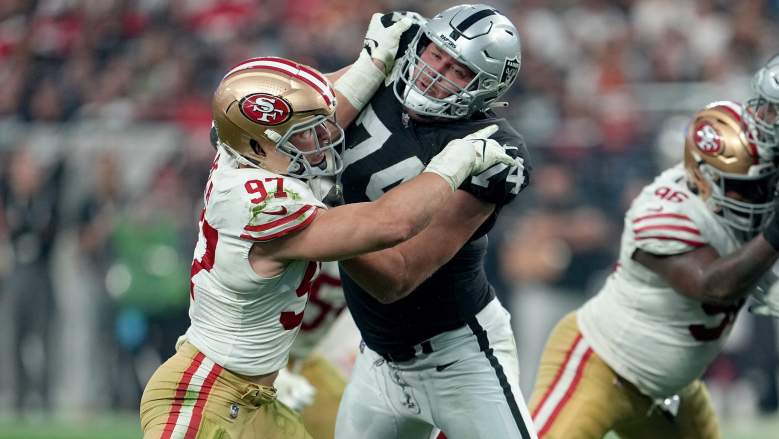 San Francisco 49ers defensive end Nick Bosa plays against Green Bay Packers  offensive tackle Br …