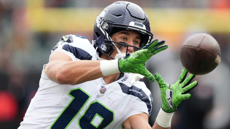 Seattle Seahawks undrafted rookie wide receiver Jake Bobo catches a pass in Week 6 vs the Bengals.
