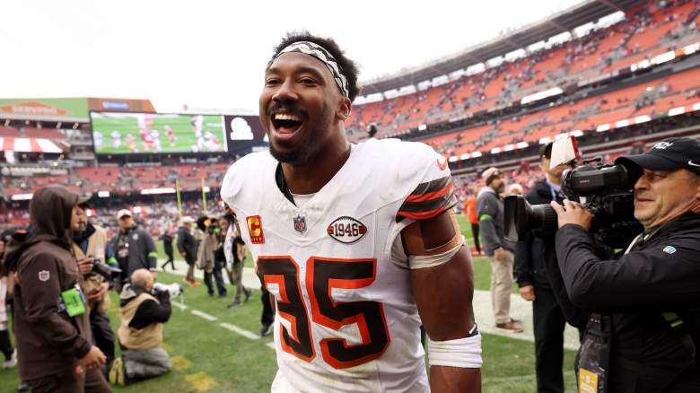 Defensive end Myles Garrett of the Cleveland Browns reacts after beating the 49ers.