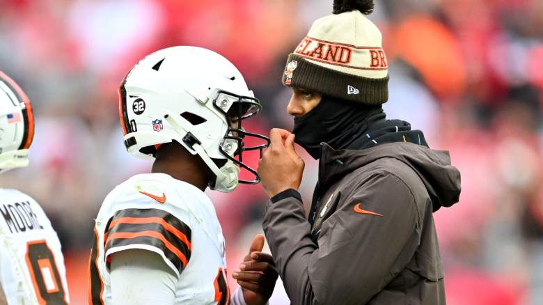 Deshaun Watson of the Cleveland Browns talks PJ Walker during the fourth quarter against the San Francisco 49ers.