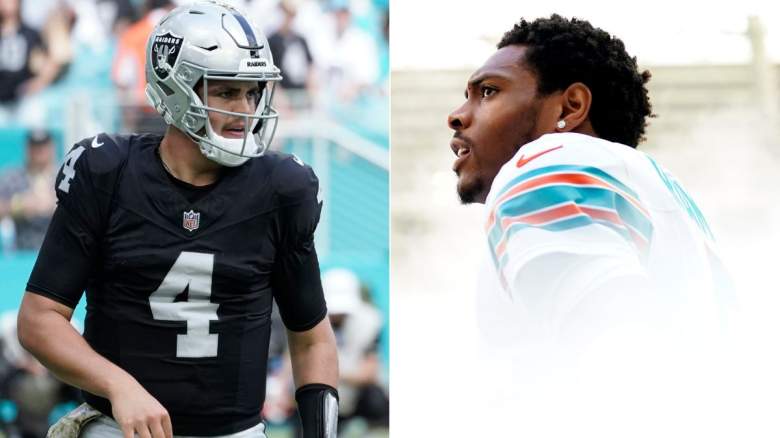 Aidan O'Connell (left) of the Raiders and Jalen Ramsey (right) of the Dolphins