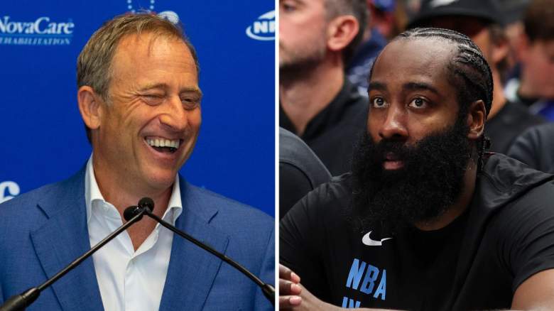 NBA owner Josh Harris of the Sixers (left) and latest player empowerment symbol James Harden.