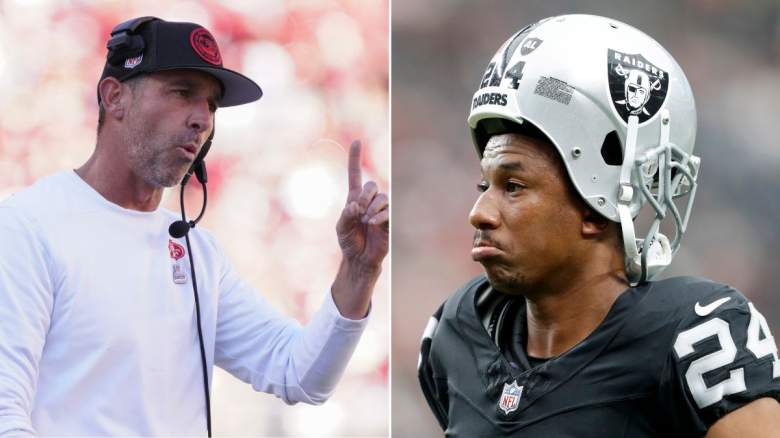 Kyle Shanahan, 49ers coach (left), and ex-Raiders CB Marcus Peters