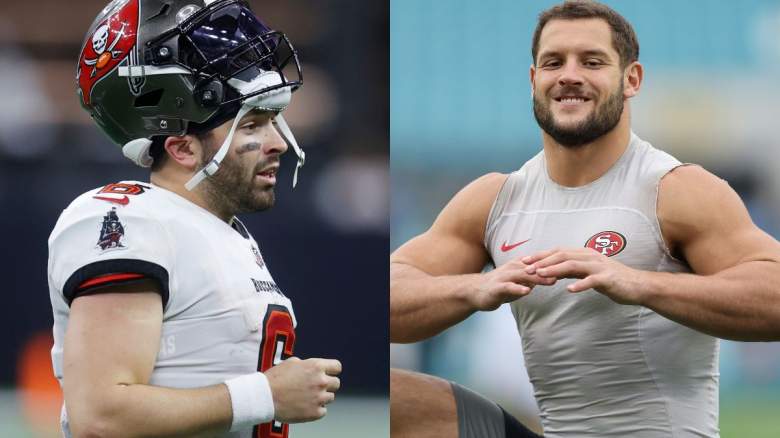 Baker Mayfield of the Buccaneers (left) and the 49ers' Nick Bosa.
