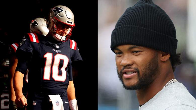 Quarterback Mac Jones (left) could be out if the Patriots make a Kyler Murray trade