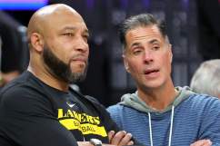 Lakers coach Darvin Ham (left) and GM Rob Pelinka