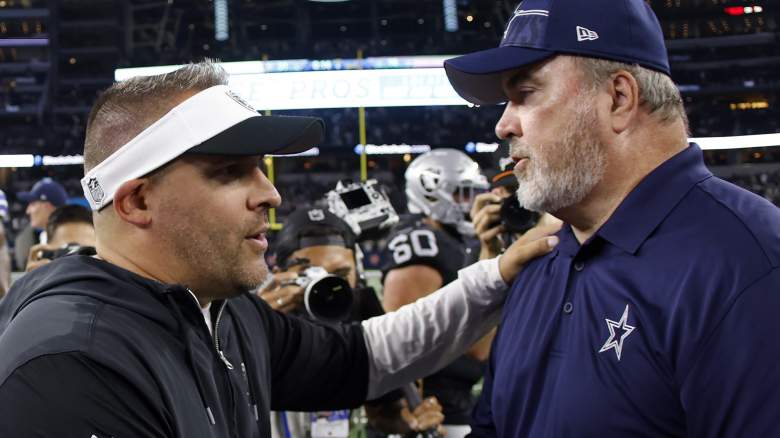 Josh McDaniels (left) of the Raiders and Cowboys coach Mike McCarthy