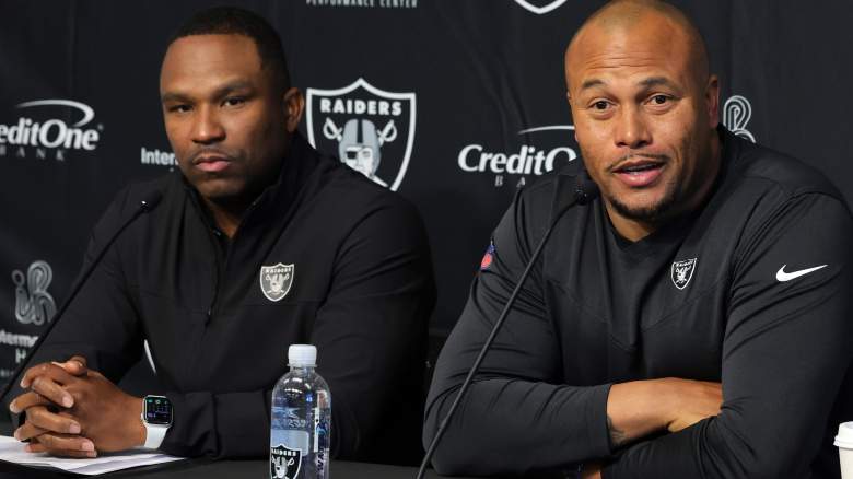 Raiders interim GM Champ Kelly (left) and Antonio Pierce. Could they have interest in a Justin Fields trade?