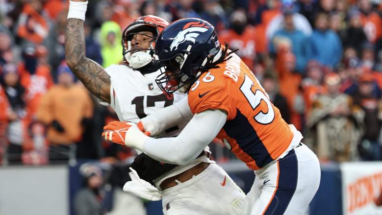 Baron Browning of the Denver Broncos hits Dorian Thompson-Robinson of the Cleveland Browns.