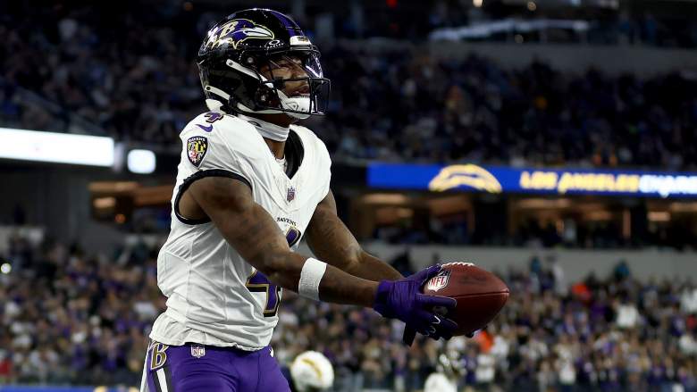 Ravens WR Zay Flowers does bouquet celebration after first touchdown against Chargers.
