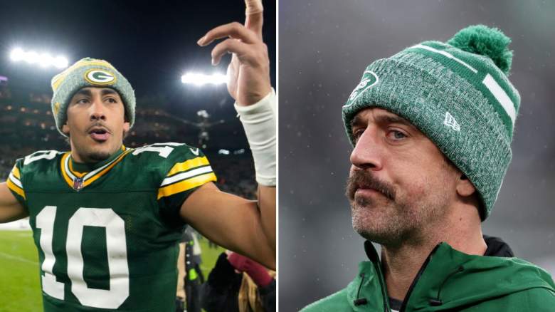 Jordan Love (left) of the Packers, and former teammate Aaron Rodgers