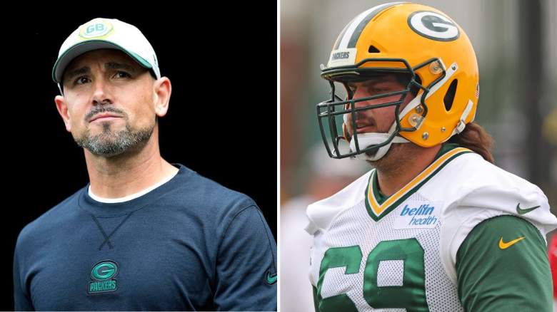 Packers coach Matt LaFleur, and David Bakhtiari (right)