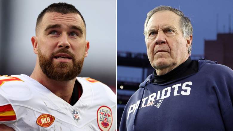 Travis Kelce of the Chiefs (left) and Patriots coach Bill Belichick