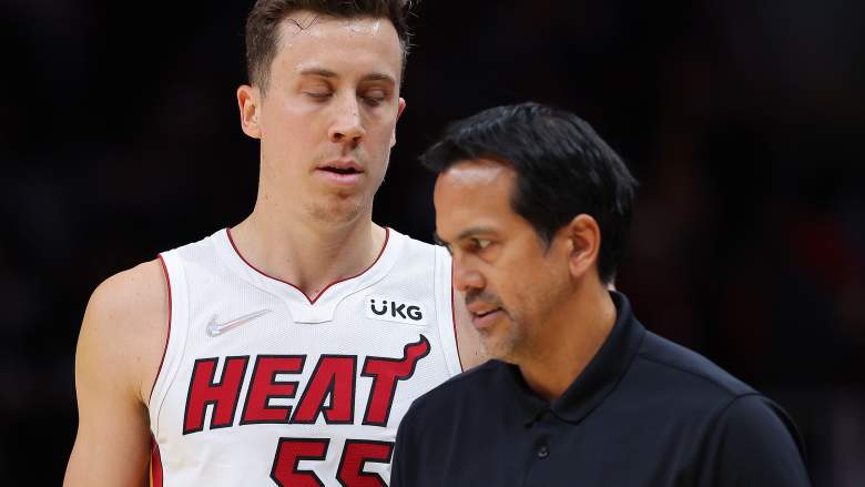 Duncan Robinson (left) and Erik Spoelstra of the Miami Heat