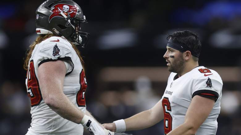 Cody Mauch (left) and Baker Mayfield of the Buccaneers
