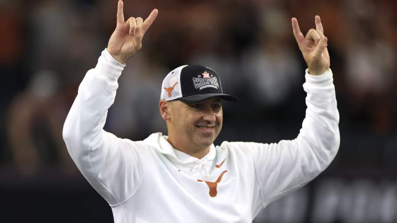 Head coach Steve Sarkisian of the Texas Longhorns celebrates after Texas defeated the Oklahoma State Cowboys in the Big 12 Championship.