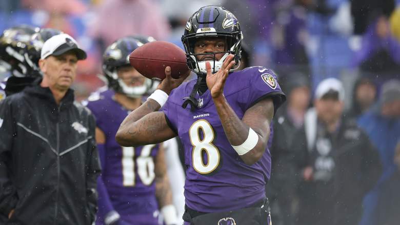 Ravens QB Lamar Jackson warming up prior to game against the Rams.