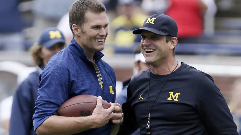 Connections between Tom Brady (left) and Jim Harbaugh fueled Raiders rumors this week.