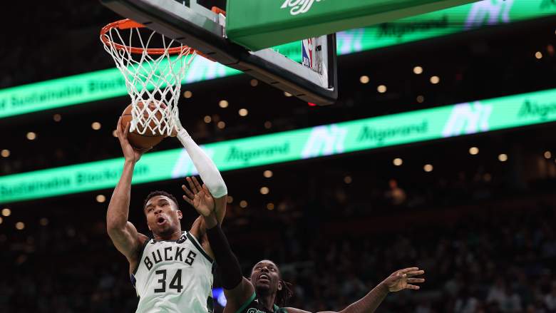 Giannis dunks against the Boston Celtics