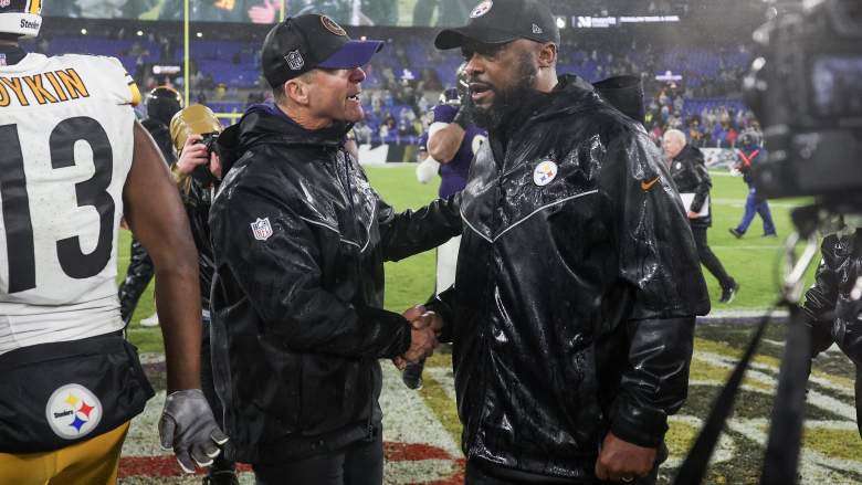 Ravens coach John Harbaugh and Steelers coach Mike Tomlin after Week 18 game.