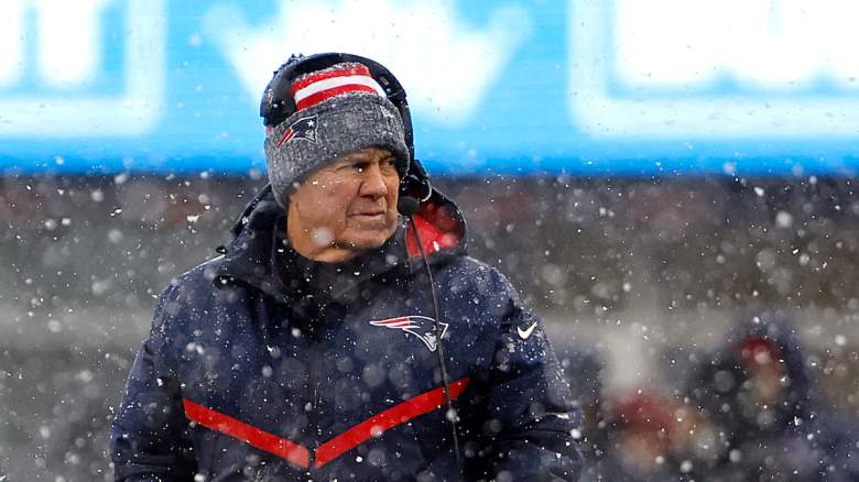 Former New England Patriots head coach Bill Belichick, who Mike Florio thinks could be the next Buccaneers head coach, looks on in January 2024.