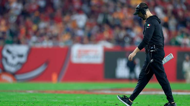 Coach Nick Sirianni walks off the field defeated after losing to the BUccaneers