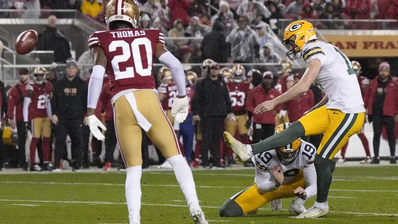 The Packers' Anders Carlson kicks a field goal against the 49ers.