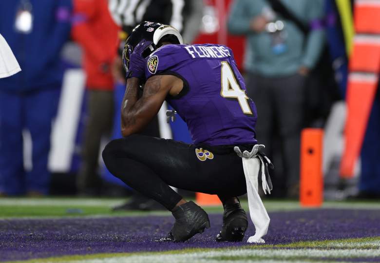 Ravens WR Zay Flowers reacts to fumbling during the 4th quarter against Chiefs.