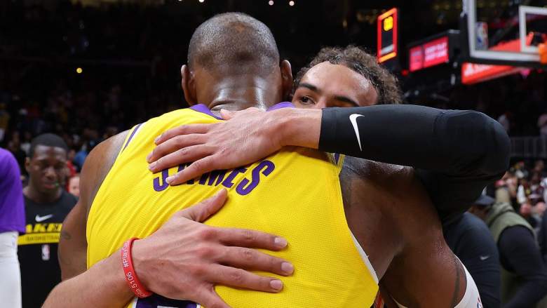Lakers star LeBron James hugs Hawks Trae Young