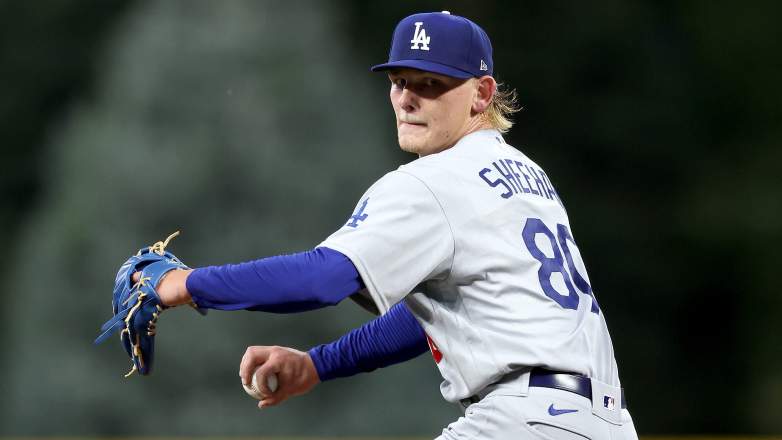 DENVER, COLORADO - SEPTEMBER 27: Starting pitcher Emmet Sheehan #80 of the Los Angeles Dodgers throws against the Colorado Rockies in the first inning at Coors Field on September 27, 2023 in Denver, Colorado. (Photo by Matthew Stockman/Getty Images)