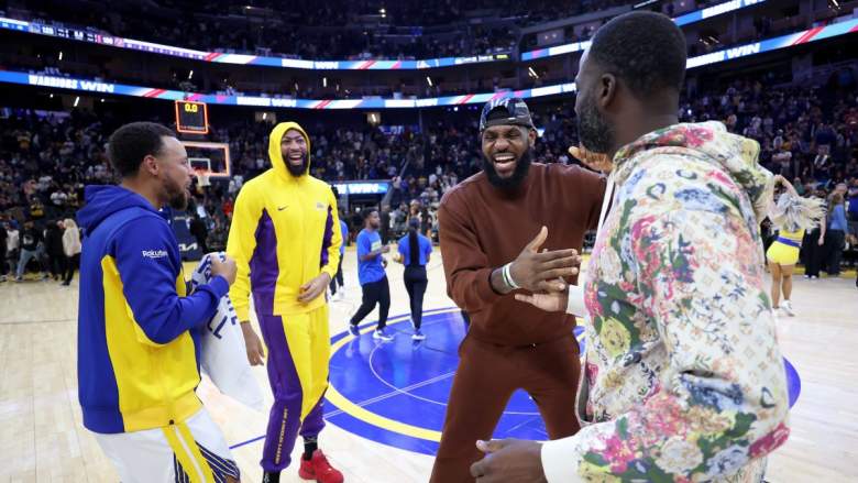 Lakers stars LeBron James and Anthony Davis with Warriors stars Steph Curry and Draymond Green