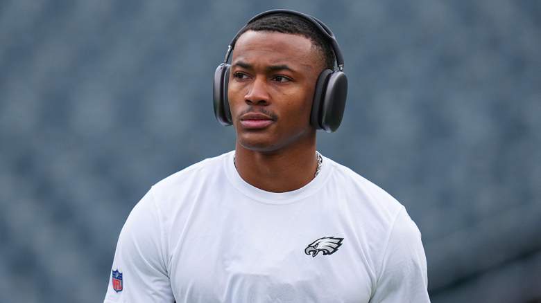 DeVonta Smith looks on prior to game.