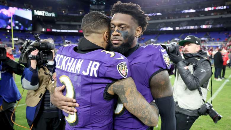 Ravens LB Patrick Queen and WR Odell Beckham Jr. console each other after loss to Chiefs in AFC Championship game.