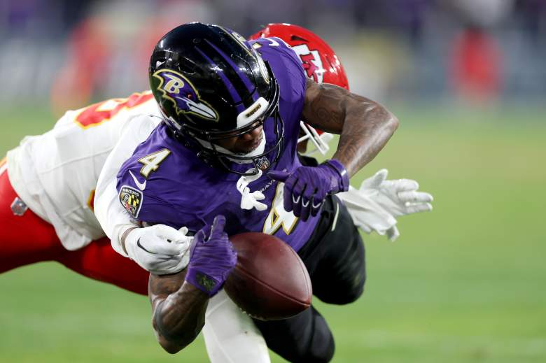 Ravens WR Zay Flowers fumbles on the 1-yard line against the Chiefs.