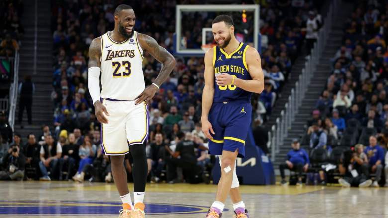Lakers star LeBron James and Warriors star Stephen Curry joke around