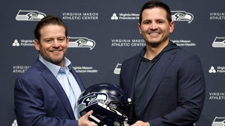 Seahawks GM John Schneider (left) introducing new Seahawks head coach, and former Ravens defensive coordinator, Mike Macdonald (right).