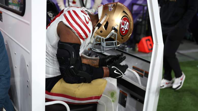 The 49ers' Dre Greenlaw was carted off from the Super Bowl with an Achilles tendon injury.