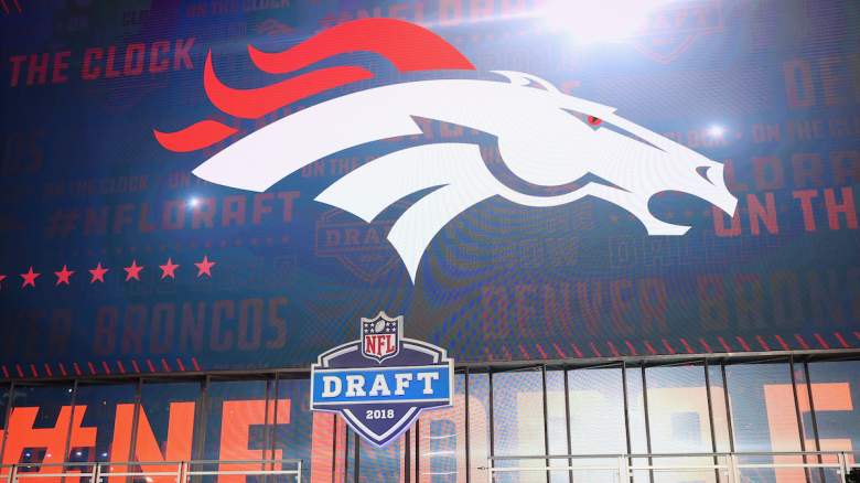The Denver Broncos logo at the 2018 NFL Draft.