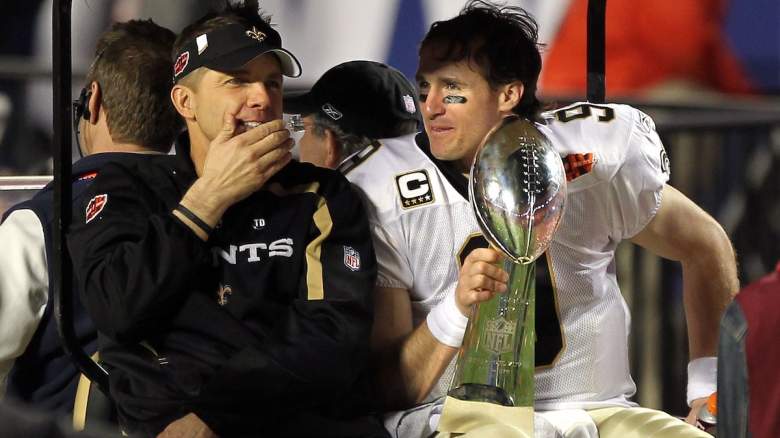 Broncos head coach Sean Payton and his former Saints quarterback Drew Brees after the 2010 Super Bowl, as the QB is compared in the latest mock draft to J.J. McCarthy.