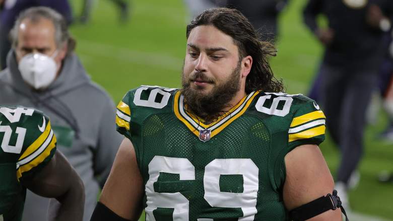GREEN BAY, WISCONSIN - NOVEMBER 29: David Bakhtiari #69 of the Green Bay Packers leaves the field following a game against the Chicago Bears at Lambeau Field on November 29, 2020 in Green Bay, Wisconsin. The Packers defeated the Bears 45-21. (Photo by Stacy Revere/Getty Images)