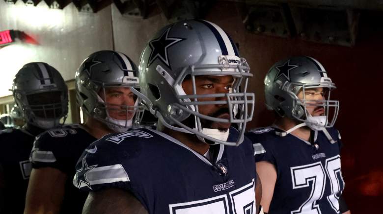 Patriots potential free-agent target Tyron Smith (center).