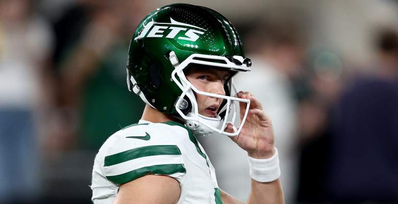 EAST RUTHERFORD, NEW JERSEY - OCTOBER 01: Zach Wilson #2 of the New York Jets looks on against the Kansas City Chiefs during the second quarter in the game at MetLife Stadium on October 01, 2023 in East Rutherford, New Jersey. (Photo by Elsa/Getty Images)