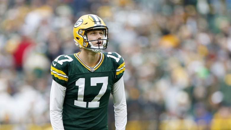 GREEN BAY, WISCONSIN - NOVEMBER 05: Anders Carlson #17 of the Green Bay Packers kicks a field goal in the third quarter of a game against the Los Angeles Rams at Lambeau Field on November 05, 2023 in Green Bay, Wisconsin. (Photo by John Fisher/Getty Images)