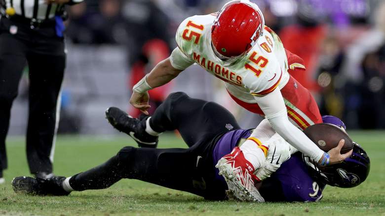Ravens DT Justin Madubuike takes down Chiefs QB Patrick Mahomes during AFC Championship game.