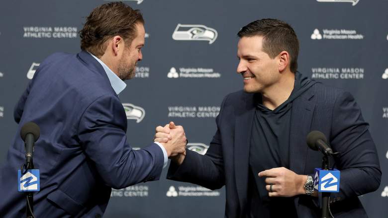Seahawks head coach, and former Ravens defensive coordinator, Mike Macdonald (right) with Seahawks GM John Schneider (left).