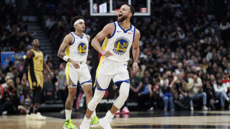 Warriors star Stephen Curry celebrates a shot