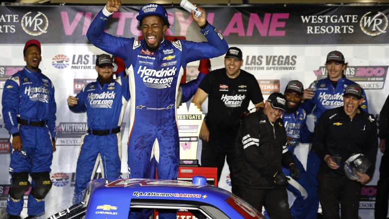 Rajah Caruth celebrates winning the NASCAR Craftsman Truck Series Victoria's Voice Foundation 200 at Las Vegas Motor Speedway on March 01, 2024