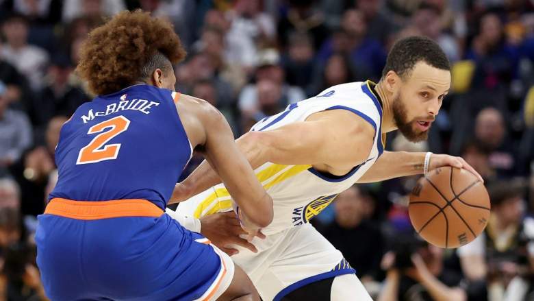 Warriors star Steph Curry against Knicks guard Miles McBride