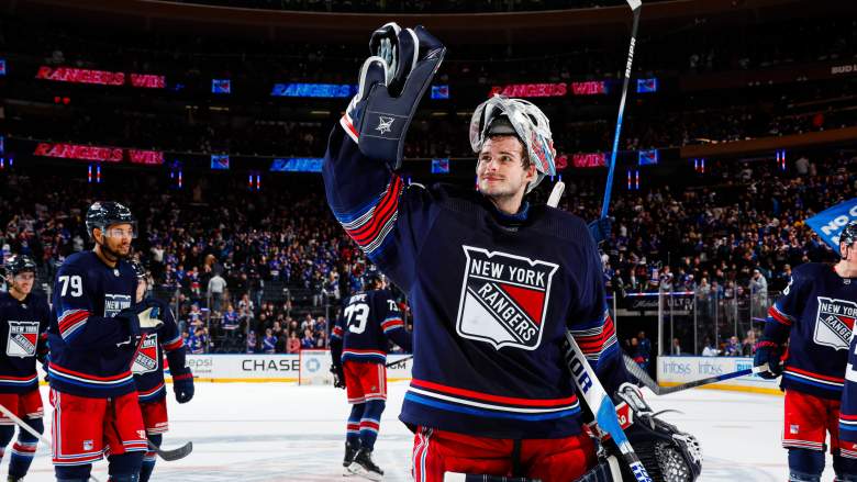 New York Rangers goaltender Igor Shesterkin celebrates a victory